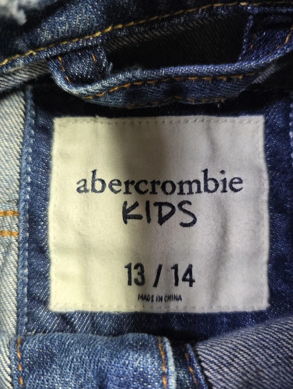 Abercrombie Kids Distressed Denim Trucker Jacket USA Flag Blue 13/14